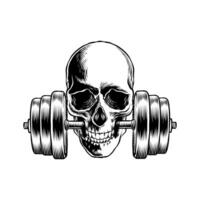 black and white image of a skull hand biting a barbell vector