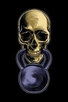 illustration of a skull biting a kettlebell vector
