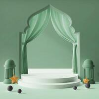 soft pastel green color 3d rendering illustration concept empty podium product display background social media post size islamic ramadan and eid al fitr theme photo