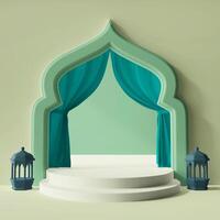 pastel color product display 3d background concept with arabian doorway and lantern square post size islamic ramadan eid al fitr theme photo