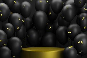 black friday and cyber monday celebration sale promotion marketing with floating balloons with luxury golden podium for product display background 3d rendering 3d illustration photo