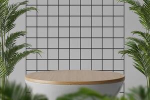 moderno madera mesa blanco mínimo podio para producto colocación con palma plantas y negro cable antecedentes en centrar composición 3d ilustración representación foto