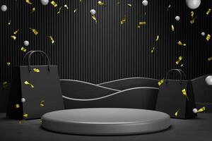 3d rendering 3d illustration dark stylish modern and elegant anniversary celebration of black friday and cyber monday circular podium product display for promotion showcase background photo