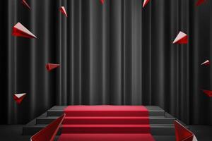 elegant royal red path carpet central composition with box shape stairs stage podium product display and silk black curtain and pointy crystal abstract background 3d rendering 3d illustration photo