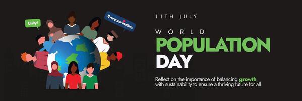 World Population Day. 11th July World Population day celebration cover banner, post with earth globe and different people around it. Be proud and control the crowd. The day focus on controlling issue vector