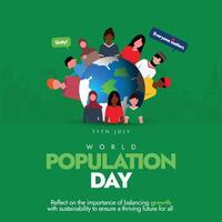 World Population Day. 11th July World Population day celebration banner with earth globe and people of different ethnicity around it. Be proud and control the crowd. The day focus on controlling issue vector