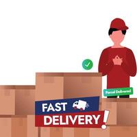 Fast Delivery banner with delivery guy. Delivery guy wearing uniform, cap character with parcel boxes and fast delivery logo, label, stamp, sticker on plain white background vector