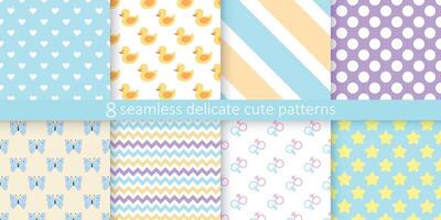 Collection of bright cute seamless patterns - delicate colorful design. Cartoon endless prints. Repeatable unusual textile backgrounds vector