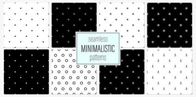 Collection of geometric black and white seamless minimalistic patterns. Simple textile textures. Monochrome repeatable backgrounds with shapes and symbols. Endless unusual prints vector