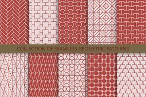 Collection of seamless ornamental patterns. Red oriental symmetry backgrounds. Geometric tile mosaic design. Grid textures - decorative outline prints vector