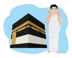 muslim man using ihram clothes with praying pose and kaaba background vector