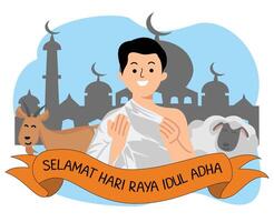 muslim man praying using ihram hajj with illustration of goat and sheep sacrificial vector