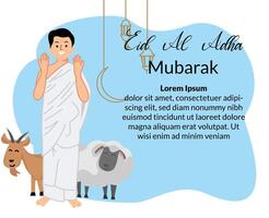 muslim man using ihram clothes raising two hand for praying with illustration of goat and sheep sacrified vector