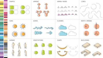 architecture site analysis symbol icon element drawing graphic flat isolated . architecture element line sun wind sound sun path vegetation. vector