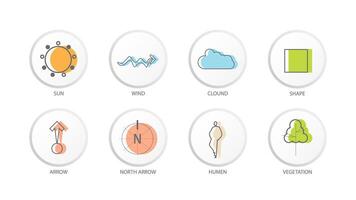 architecture site analysis symbol icon element drawing graphic flat isolated . architecture element line sun wind sound sun path vegetation. vector