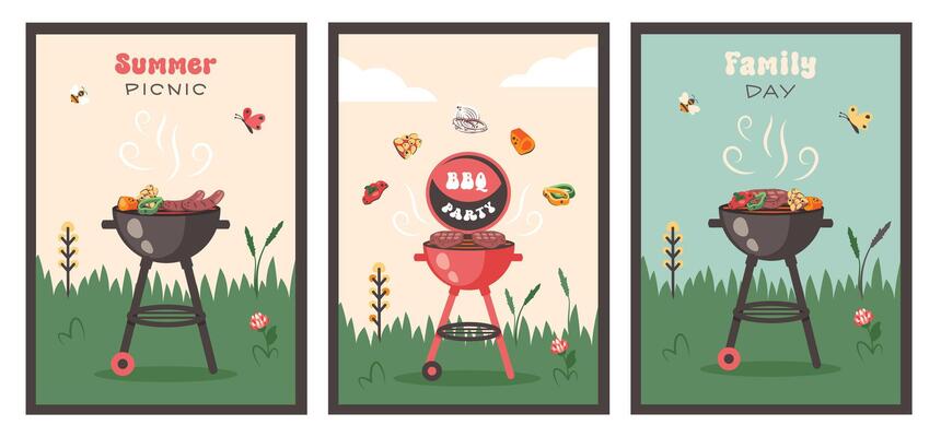 Summer picnic. Barbecue party. Set of BBQ card in retro style. Summer barbecue picnic. Bbq background with grill, steaks, meat food, vegetables, cutlery, text. cartoon illustration