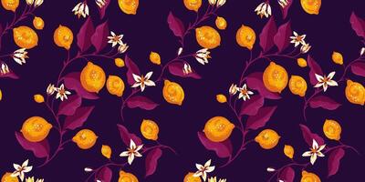 Blooming yellow lemons, on burgundy branch with leaves and buds flowers intertwined in a seamless pattern. hand drawing. Abstract artistic citrus fruit repeated printing on a dark background. vector
