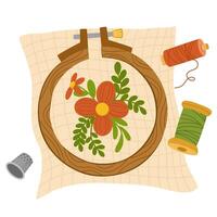 Embroidery hoops, spools of threads. Handmade needlework on canvas in frame rings. Needlecraft art. Flat illustration of hand-made handicraft isolated on white background vector