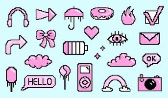 Girly cute pink element set, pixel art 8 bit. Game icons. illustration. vector
