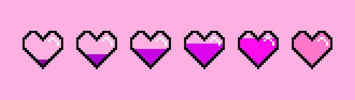 Life bar gradient hearts, pixel art 8 bit. Game icons. illustration. vector