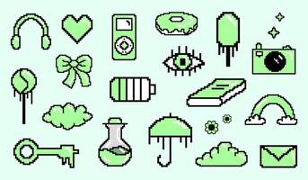 Cute mint green element set, pixel art 8 bit. Green game icons. illustration vector
