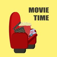 Movie time. Popcorn, 3D glasses, clapperboard, movie ticket, seat. illustration vector