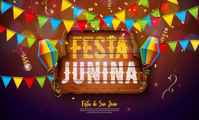 Festa Junina Illustration with Party Flags and Paper Lantern on Falling Confetti Background. Brazil June Sao Joao Festival Design with Typography Letter on Vintage Wood Board for Greeting Card