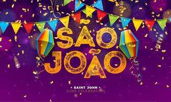 Festa Junina Illustration with Colorful Party Flags and Paper Lantern on Falling Confetti Background. Brazilian Traditional June Sao Joao Festival Design for Banner, Greeting Card, Invitation vector