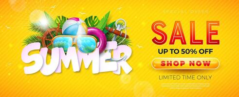 Summer Sale Banner Design with Flower and Beach Holiday Elements on Yellow Background. Tropical Vacation Floral Illustration with Special Offer Typography for Coupon, Voucher, Flyer vector
