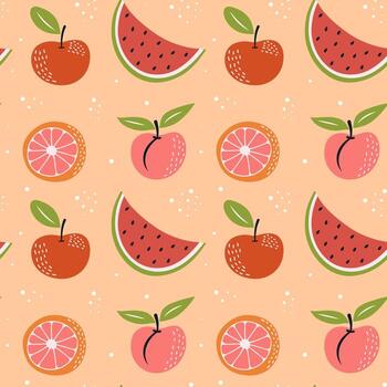 Seamless pattern with fruits. Watermelon, peach, apple and grapefruit on pastel background. vector
