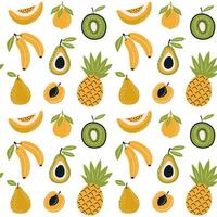 Seamless pattern with fruits. Pineapple, apricot, banana, kiwi, pear, avocado, melon and lemon on white background. vector