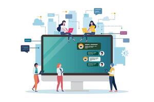 Social network web site surfing concept with computer screen. Global Business Concept. Teamwork Cooperation with Business People Characters. vector