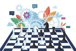 Chess figures on a chess board with mechanic gears in the background. illustration vector
