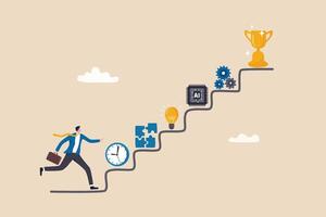 Skill development for career growth to success, leadership ladder or job improvement, experience or motivation to succeed concept, businessman climb up stair of working skill to reach winning trophy. vector