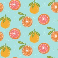 Seamless pattern with citrus fruit on pastel blue background. Oranges, grapefruit, lemon seamless pattern. vector