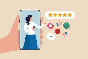 Customer experience, CX or UX user experience, feedback or comment, opinion on product and service, user satisfaction positive or negative feedback concept, woman on mobile giving experience rating. vector