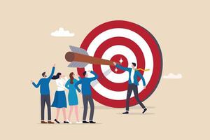 Company target achievement, business goal or objective to achieve, team strategy, leadership development, aiming for winning goal concept, businessman point arrow bullseye target to team colleagues. vector