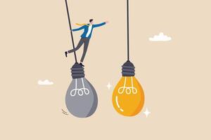 Change or transformation to new opportunity, change to new job, better career, improvement or move to different company, decision for new chance concept, businessman jump from old to bright lightbulb. vector