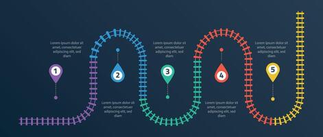 Railroad tracks infographic. Business template with numbers 5 options or steps. Railway simple icon, rail track direction, train tracks colorful illustration on a black background. vector