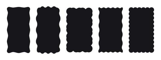 Set of 5 black rectangle with wavy borders. Trendy frame for a photo, picture or mirror. Template, stickers, social media. illustration isolated on a white background. vector
