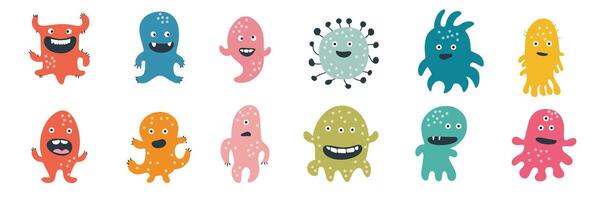 Collection of microbe characters in flat style. Hand drawn art. vector