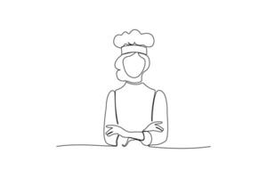 Continuous line art drawing female chef. Professional Chef minimalist style outline vector