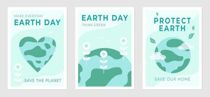 Ecology poster set for Earth Day. Illustration of planet with blooming flowers, flying birds, clouds. Planet in heart shape. Environmental protection and text design. vector