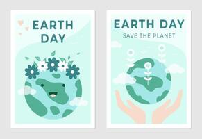 Ecology poster set for Earth Day. Illustration of planet with blooming flowers. Hands holding planet. Environmental protection and text design. vector