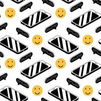 Seamless pattern with mobile phone and pop-up messages. Illustration of isometric mobile gadget. Black and white drawing of smartphone. Online communication and talk. vector