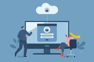 Protecting sensitive information and secure storage, Protecting corporate databases and sensitive personal data, Business teams use corporate computers with the most secure passwords. vector