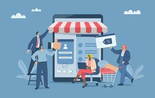 Website creation and web page design concept, Online shopping store concept creation, Website development, Business team working on developing web design for tablet screen. design illustration. vector