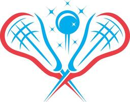 crossed lacrosse sticks on a white background. Between them is a blue ball with glitter. Background excluded vector