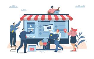 Website creation and web page design concept, Online shopping store concept creation, Website development, Business team working on developing web design for computer screen. illustration. vector