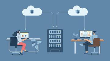 Cloud protection of important corporate databases or personal data, Secure cloud downloads and uploads, Business team working with computers via secure online system. design illustration. vector